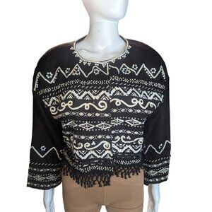 Vintage DKNY Boho Festival Boxy Cropped Beaded & Fringe Jacket 100% Linen Sz M